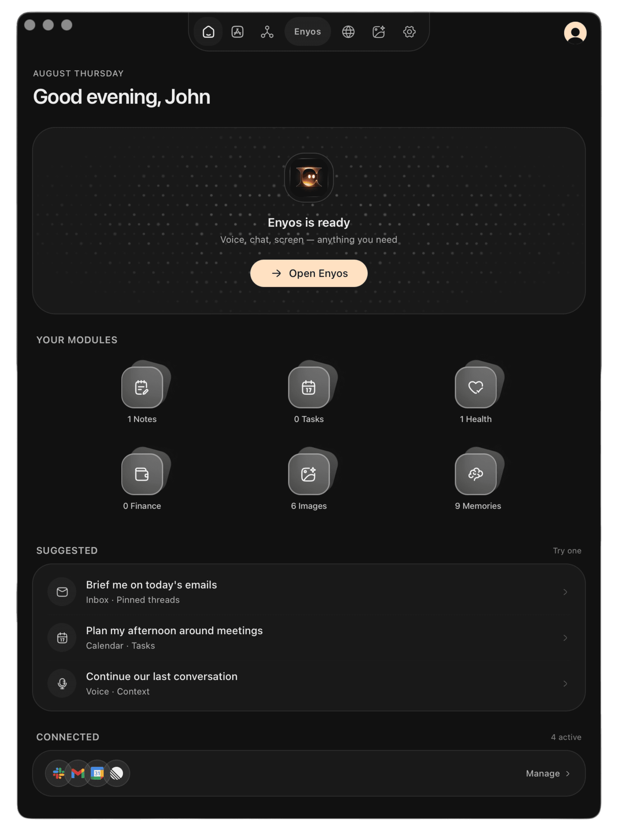 Enyos home with modules, suggestions, and connected services